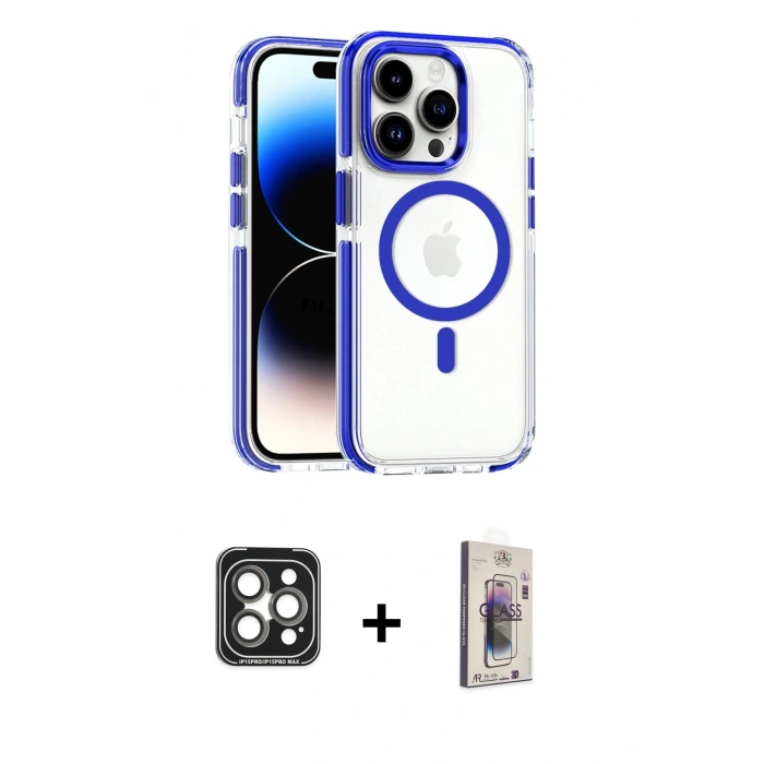 MARSİLYAN™- iPhone 15 Pro Max Kılıf Kozmos Doku Koleksiyonu - Siyah Bilvis 3D Cam Ekran Koruyucu + PVD Metal Kamera Lens - GI