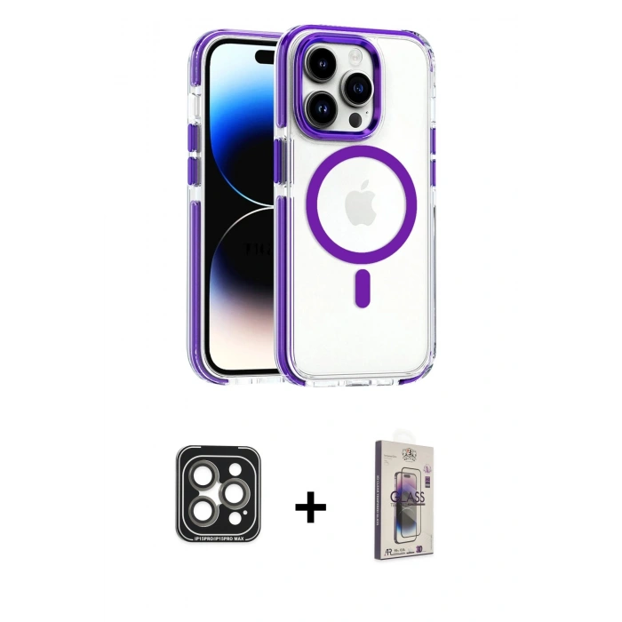 MARSİLYAN™- iPhone 15 Pro Max Kılıf Kozmos Doku Koleksiyonu - Siyah Bilvis 3D Cam Ekran Koruyucu + PVD Metal Kamera Lens - GI