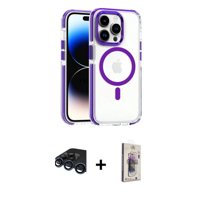 MARSİLYAN™- iPhone 15 Pro Max Kılıf Kozmos Doku Koleksiyonu - Siyah Bilvis 3D Cam Ekran Koruyucu + Raze Metal Kamera Lens - LT