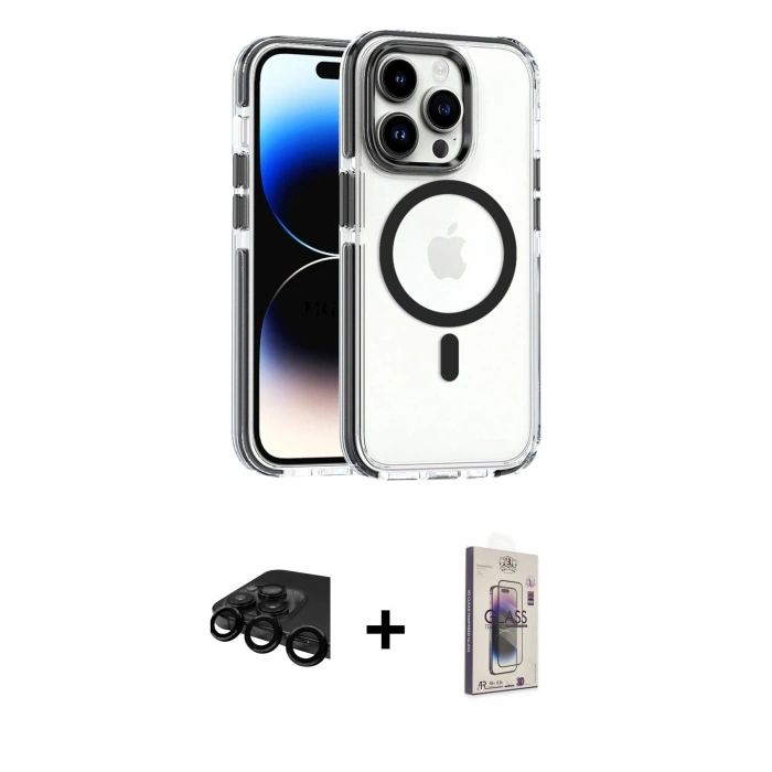 MARSİLYAN™- iPhone 15 Pro Max Kılıf Kozmos Doku Koleksiyonu - Siyah Bilvis 3D Cam Ekran Koruyucu + Raze Metal Kamera Lens - SH