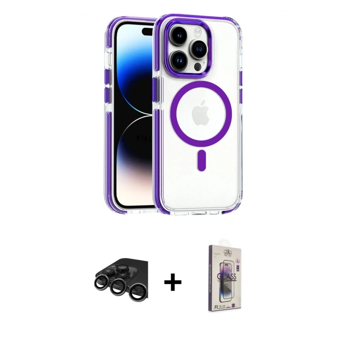 MARSİLYAN™- iPhone 15 Pro Max Kılıf Kozmos Doku Koleksiyonu - Siyah Bilvis 3D Cam Ekran Koruyucu + Raze Metal Kamera Lens - TMGI