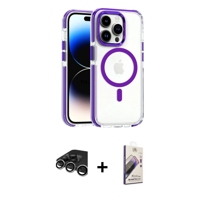 MARSİLYAN™- iPhone 15 Pro Max Kılıf Kozmos Doku Koleksiyonu - Siyah Bilvis 3D Mat Cam Ekran Koruyucu + Raze Metal Kamera Lens - GS