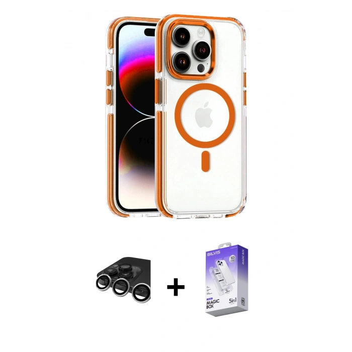 MARSİLYAN™- iPhone 15 Pro Max Kılıf Kozmos Doku Koleksiyonu - Siyah Bilvis 5in1 3D Magic Cam Ekran Koruyucu + Raze Metal Kamera Lens - GS