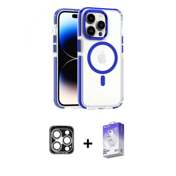 MARSİLYAN™- iPhone 15 Pro Max Kılıf Kozmos Doku Koleksiyonu - Siyah Bilvis 5in1 3D Magic Cam Ekran Koruyucu + PVD Metal Kamera Lens - GS