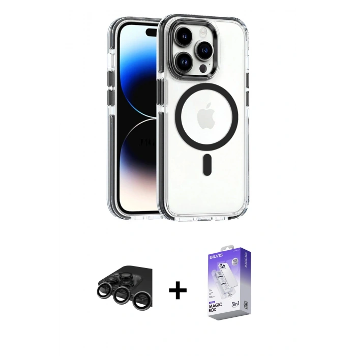 MARSİLYAN™- iPhone 15 Pro Max Kılıf Kozmos Doku Koleksiyonu - Siyah Bilvis 5in1 3D Magic Cam Ekran Koruyucu + Titanyum Gri Raze Metal Kamera Lens