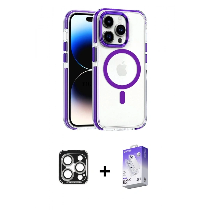 MARSİLYAN™- iPhone 15 Pro Max Kılıf Kozmos Doku Koleksiyonu - Siyah Bilvis 5in1 3D Magic Cam Ekran Koruyucu + PVD Metal Kamera Lens - GS