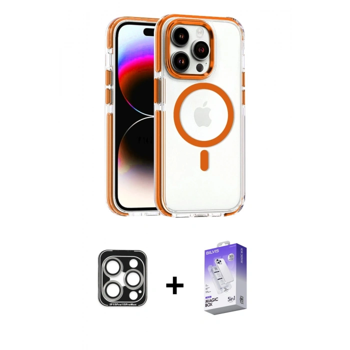 MARSİLYAN™- iPhone 15 Pro Max Kılıf Kozmos Doku Koleksiyonu - Siyah Bilvis 5in1 3D Magic Cam Ekran Koruyucu + PVD Metal Kamera Lens - GS