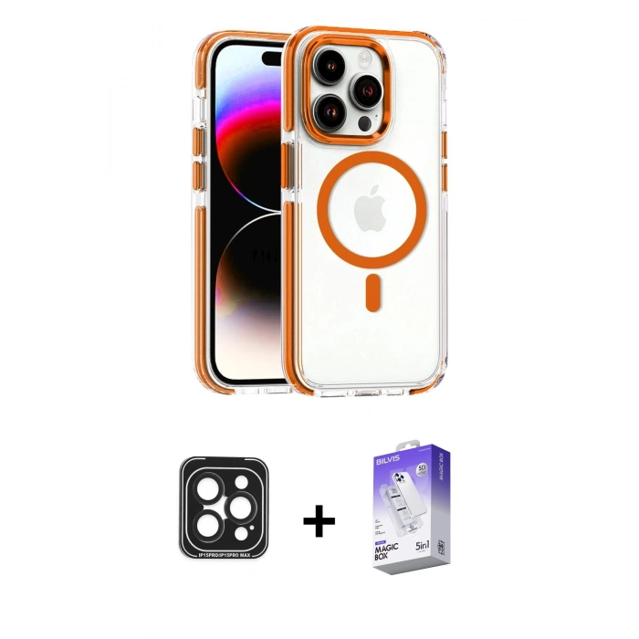 MARSİLYAN™- iPhone 15 Pro Max Kılıf Kozmos Doku Koleksiyonu - Siyah Bilvis 5in1 3D Magic Cam Ekran Koruyucu + PVD Metal Kamera Lens - SH