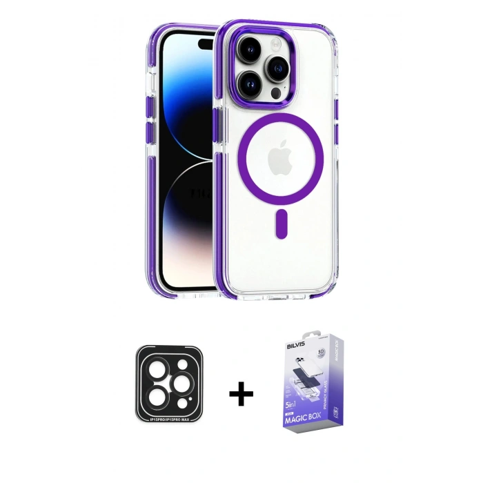 MARSİLYAN™- iPhone 15 Pro Max Kılıf Kozmos Doku Koleksiyonu - Siyah Bilvis 5in1 5D Magic Hayalet Cam Ekran Koruyucu + PVD Metal Kamera Lens - SH