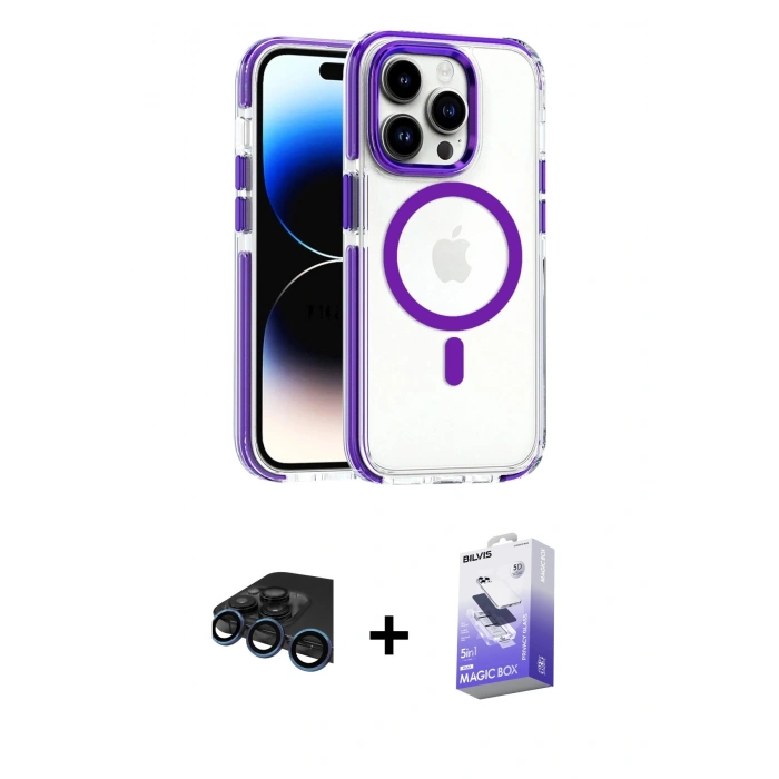 MARSİLYAN™- iPhone 15 Pro Max Kılıf Kozmos Doku Koleksiyonu - Siyah Bilvis 5in1 5D Magic Hayalet Cam Ekran Koruyucu + Raze Metal Kamera Lens - LT