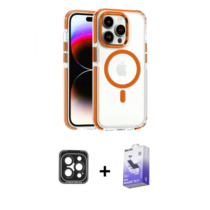 MARSİLYAN™- iPhone 15 Pro Max Kılıf Kozmos Doku Koleksiyonu - Siyah Bilvis 5in1 5D Magic Hayalet Cam Ekran Koruyucu + PVD Metal Kamera Lens - SH
