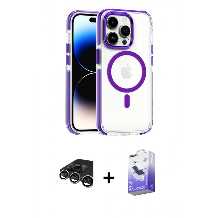 MARSİLYAN™- iPhone 15 Pro Max Kılıf Kozmos Doku Koleksiyonu - Siyah Bilvis 5in1 5D Magic Hayalet Cam Ekran Koruyucu + Raze Metal Kamera Lens - GS