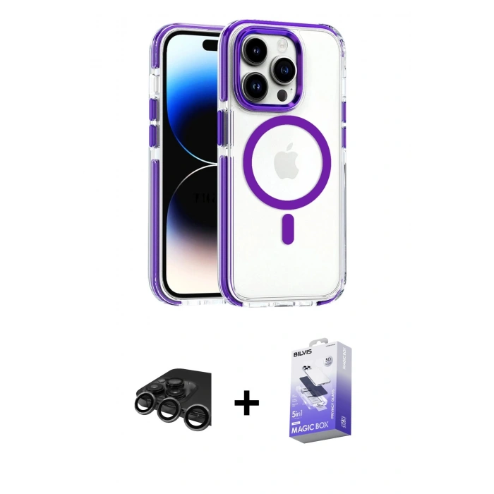 MARSİLYAN™- iPhone 15 Pro Max Kılıf Kozmos Doku Koleksiyonu - Siyah Bilvis 5in1 5D Magic Hayalet Cam Ekran Koruyucu + Raze Metal Kamera Lens - TMGI