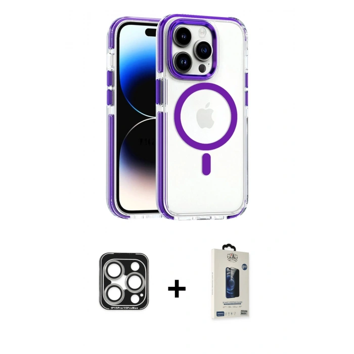 MARSİLYAN™- iPhone 15 Pro Max Kılıf Kozmos Doku Koleksiyonu - Siyah Bilvis Hayalet Cam Ekran Koruyucu + PVD Metal Kamera Lens - GS