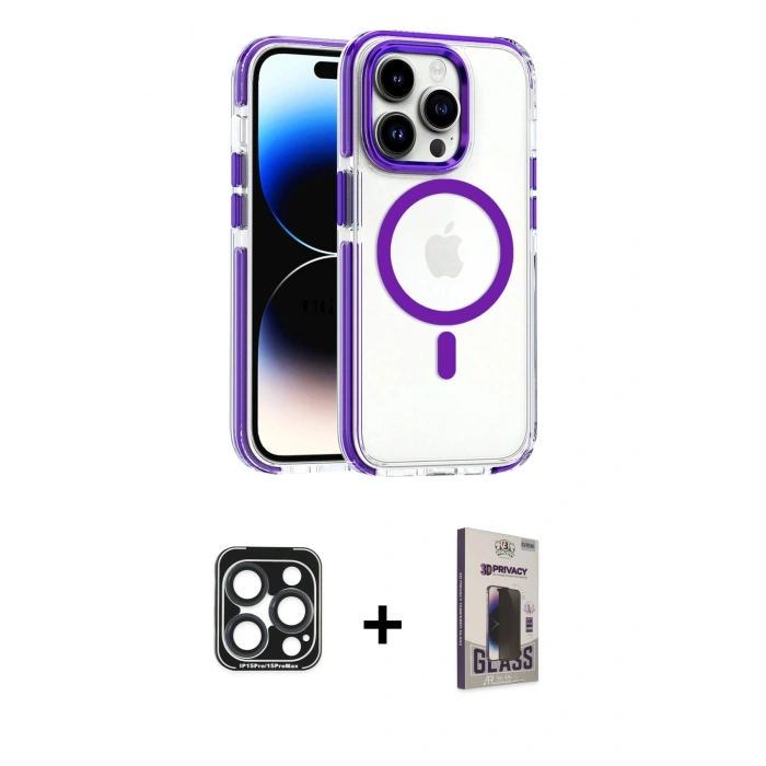 MARSİLYAN™- iPhone 15 Pro Max Kılıf Kozmos Doku Koleksiyonu - Siyah Bilvis Hayalet Cam Ekran Koruyucu + PVD Metal Kamera Lens - LT