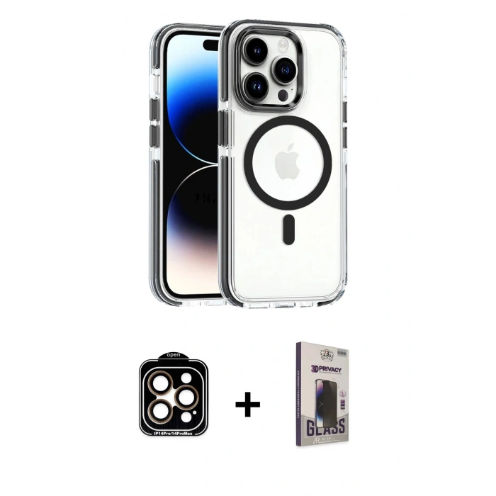MARSİLYAN™- iPhone 15 Pro Max Kılıf Kozmos Doku Koleksiyonu - Siyah Bilvis Hayalet Cam Ekran Koruyucu + PVD Metal Kamera Lens - TU