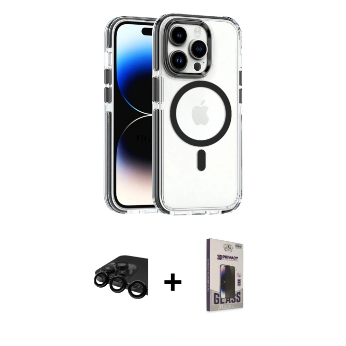 MARSİLYAN™- iPhone 15 Pro Max Kılıf Kozmos Doku Koleksiyonu - Siyah Bilvis Hayalet Cam Ekran Koruyucu + Raze Metal Kamera Lens - SH