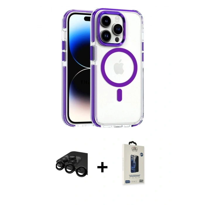MARSİLYAN™- iPhone 15 Pro Max Kılıf Kozmos Doku Koleksiyonu - Siyah Bilvis Hayalet Cam Ekran Koruyucu + Raze Metal Kamera Lens - SH