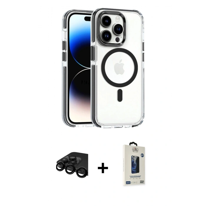 MARSİLYAN™- iPhone 15 Pro Max Kılıf Kozmos Doku Koleksiyonu - Siyah Bilvis Hayalet Cam Ekran Koruyucu + Raze Metal Kamera Lens - SH