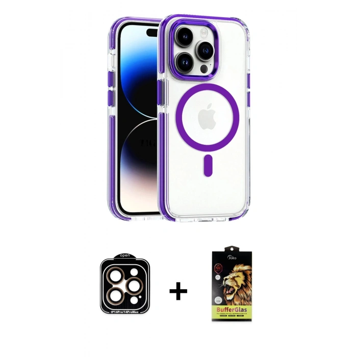 MARSİLYAN™- iPhone 15 Pro Max Kılıf Kozmos Doku Koleksiyonu - Siyah Buffer Cam Ekran Koruyucu + PVD Metal Kamera Lens - TU