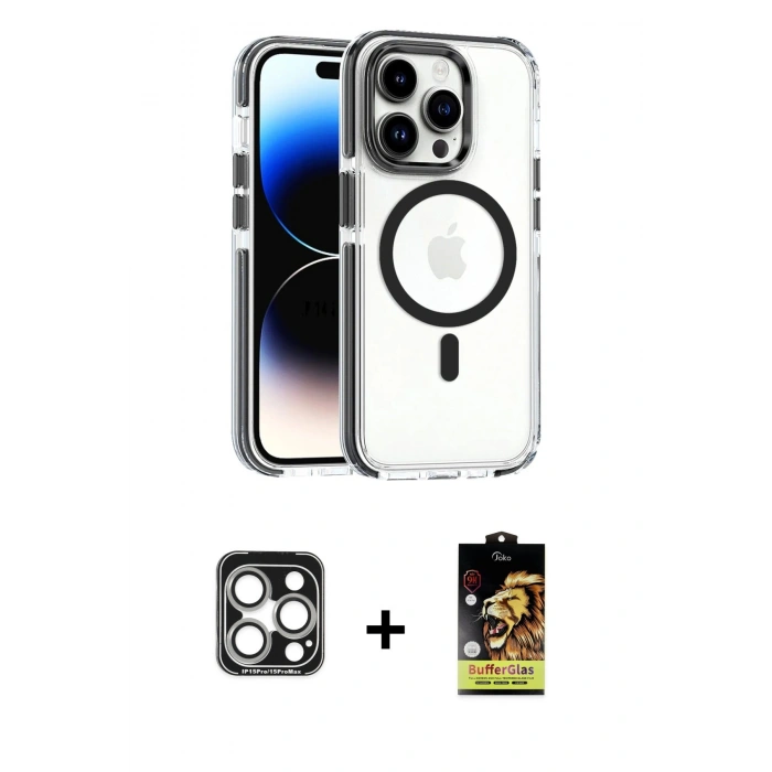 MARSİLYAN™- iPhone 15 Pro Max Kılıf Kozmos Doku Koleksiyonu - Siyah Buffer Cam Ekran Koruyucu + PVD Metal Kamera Lens - GS