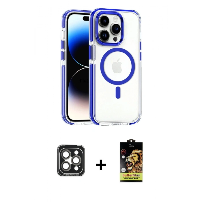 MARSİLYAN™- iPhone 15 Pro Max Kılıf Kozmos Doku Koleksiyonu - Siyah Buffer Cam Ekran Koruyucu + PVD Metal Kamera Lens - GI