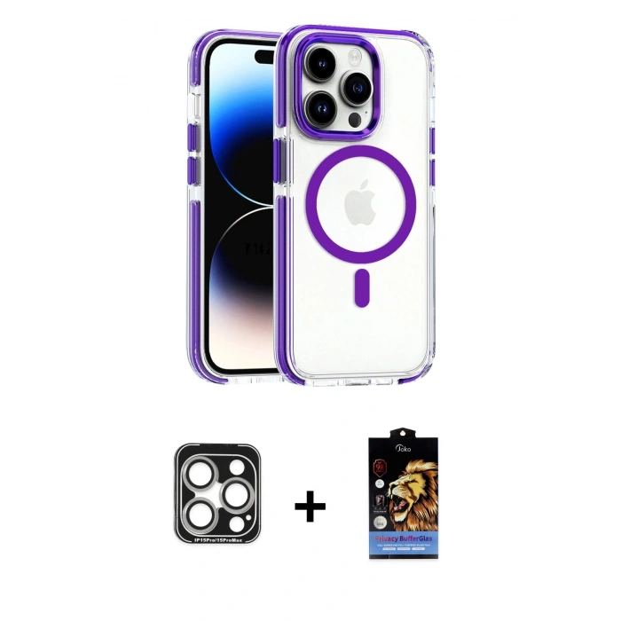 MARSİLYAN™- iPhone 15 Pro Max Kılıf Kozmos Doku Koleksiyonu - Siyah Buffer Hayalet Cam Ekran Koruyucu + Gümüş PVD Metal Kamera Lens