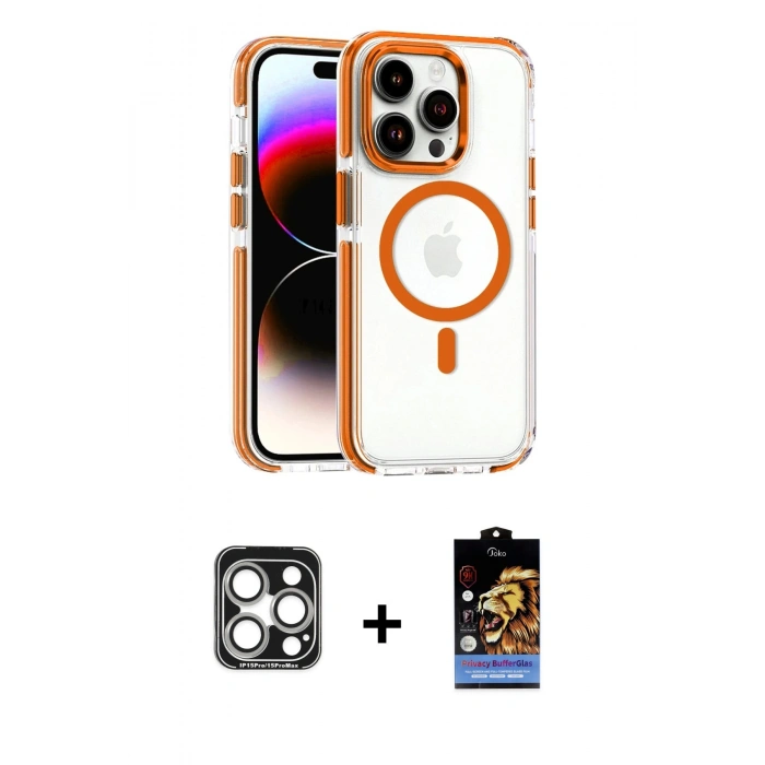MARSİLYAN™- iPhone 15 Pro Max Kılıf Kozmos Doku Koleksiyonu - Siyah Buffer Hayalet Cam Ekran Koruyucu + Gümüş PVD Metal Kamera Lens