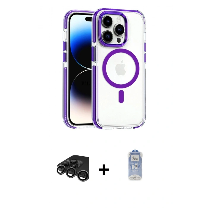 MARSİLYAN™- iPhone 15 Pro Max Kılıf Kozmos Doku Koleksiyonu - Siyah Joko Magic 5D Cam + Titanyum Gri Raze Metal Kamera Lens