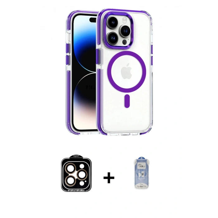 MARSİLYAN™- iPhone 15 Pro Max Kılıf Kozmos Doku Koleksiyonu - Siyah Joko Magic 5D Cam + Turuncu PVD Metal Kamera Lens