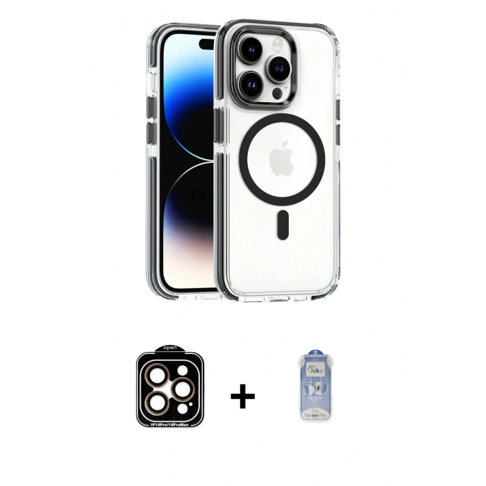 MARSİLYAN™- iPhone 15 Pro Max Kılıf Kozmos Doku Koleksiyonu - Siyah Joko Magic 5D Cam + Turuncu PVD Metal Kamera Lens
