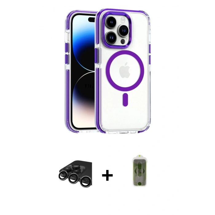 MARSİLYAN™- iPhone 15 Pro Max Kılıf Kozmos Doku Koleksiyonu - Siyah Joko Magic 5D Hayalet Cam + Raze Metal Kamera Lens - TMGI