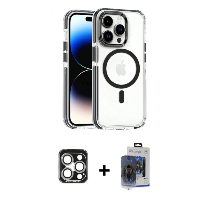 MARSİLYAN™- iPhone 15 Pro Max Kılıf Kozmos Doku Koleksiyonu - Siyah Vanessa Magic Cam + PVD Metal Kamera Lens - GS