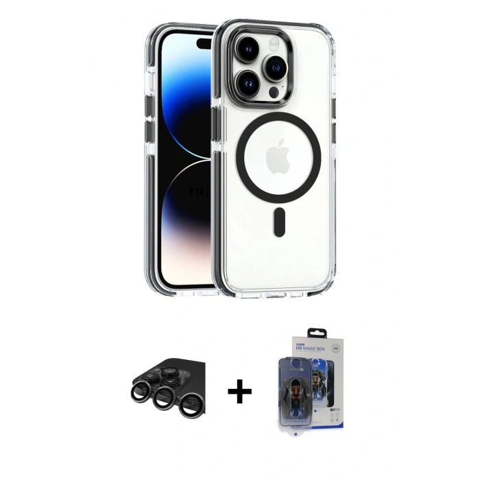 MARSİLYAN™- iPhone 15 Pro Max Kılıf Kozmos Doku Koleksiyonu - Siyah Vanessa Magic Cam + Raze Metal Kamera Lens - TMGI