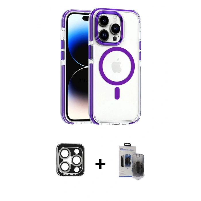 MARSİLYAN™- iPhone 15 Pro Max Kılıf Kozmos Doku Koleksiyonu - Siyah Vanessa Magic Hayalet Cam + PVD Metal Kamera Lens - GS