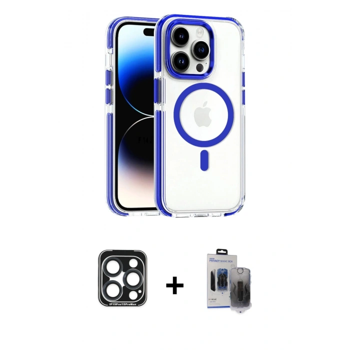 MARSİLYAN™- iPhone 15 Pro Max Kılıf Kozmos Doku Koleksiyonu - Siyah Vanessa Magic Hayalet Cam + PVD Metal Kamera Lens - LT
