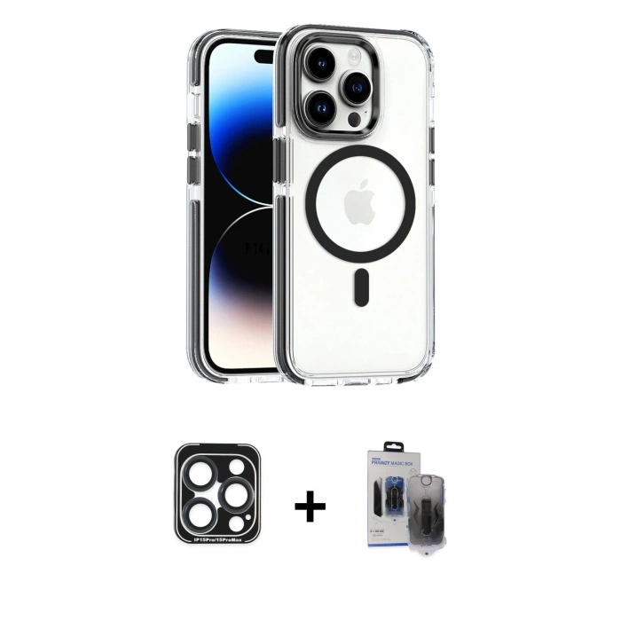 MARSİLYAN™- iPhone 15 Pro Max Kılıf Kozmos Doku Koleksiyonu - Siyah Vanessa Magic Hayalet Cam + PVD Metal Kamera Lens - LT