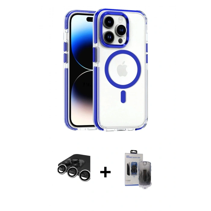 MARSİLYAN™- iPhone 15 Pro Max Kılıf Kozmos Doku Koleksiyonu - Siyah Vanessa Magic Hayalet Cam + Raze Metal Kamera Lens - GS