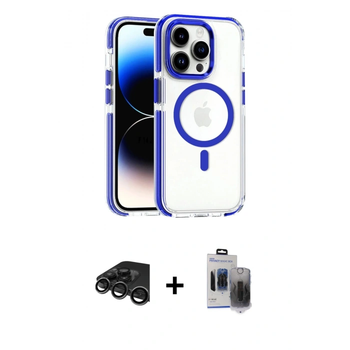 MARSİLYAN™- iPhone 15 Pro Max Kılıf Kozmos Doku Koleksiyonu - Siyah Vanessa Magic Hayalet Cam + Raze Metal Kamera Lens - TMGI