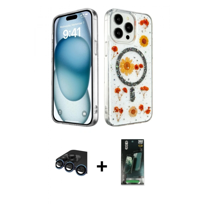 MARSİLYAN™- iPhone 15 Pro Max Kılıf Kozmos Doku - Şeffaf 360 Full Body Arka Koruyucu + Raze Metal Kamera Lens - LT