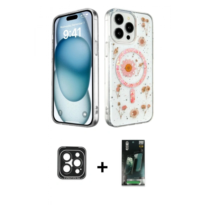 MARSİLYAN™- iPhone 15 Pro Max Kılıf Kozmos Doku - Şeffaf 360 Full Body Arka Koruyucu + PVD Metal Kamera Lens - SH