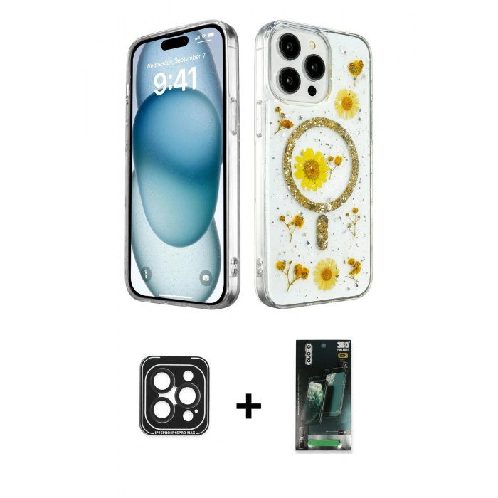 MARSİLYAN™- iPhone 15 Pro Max Kılıf Kozmos Doku - Şeffaf 360 Full Body Arka Koruyucu + PVD Metal Kamera Lens - SH