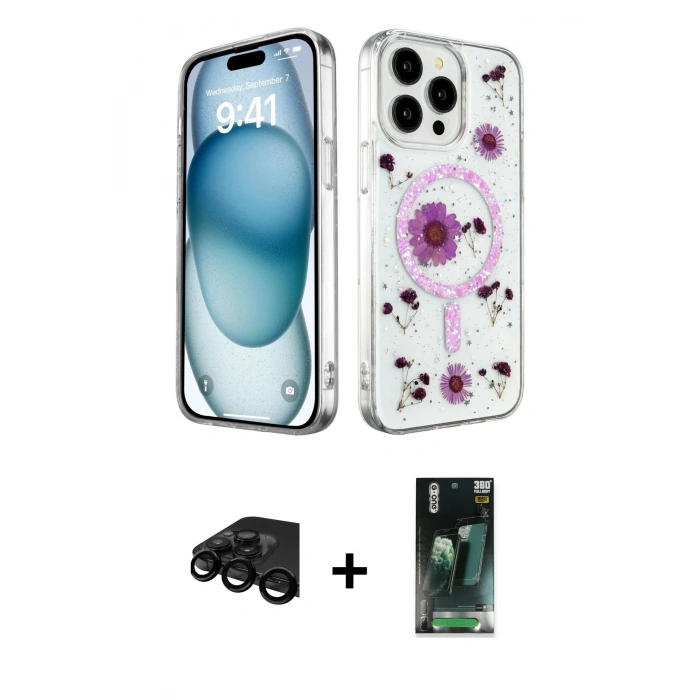 MARSİLYAN™- iPhone 15 Pro Max Kılıf Kozmos Doku - Şeffaf 360 Full Body Arka Koruyucu + Raze Metal Kamera Lens - SH