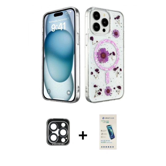 MARSİLYAN™- iPhone 15 Pro Max Kılıf Kozmos Doku - Şeffaf Pasifik Cam Ekran Koruyucu + PVD Metal Kamera Lens - LT
