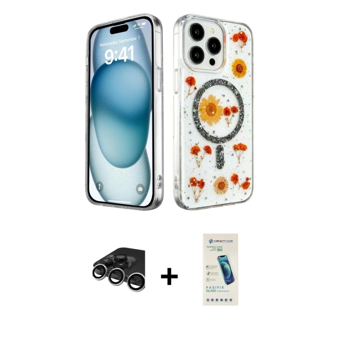 MARSİLYAN™- iPhone 15 Pro Max Kılıf Kozmos Doku - Şeffaf Pasifik Cam Ekran Koruyucu + Raze Metal Kamera Lens - GS