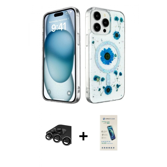 MARSİLYAN™- iPhone 15 Pro Max Kılıf Kozmos Doku - Şeffaf Pasifik Cam Ekran Koruyucu + Raze Metal Kamera Lens - TMGI
