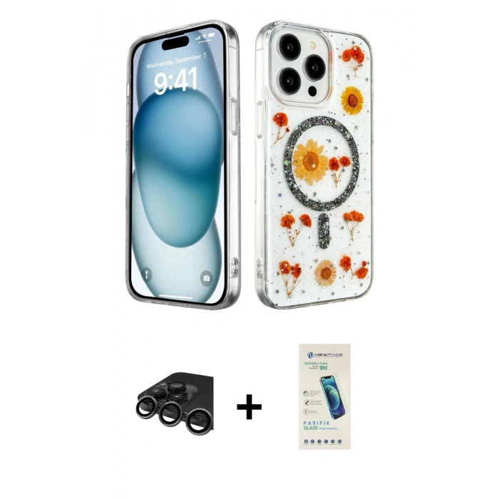 MARSİLYAN™- iPhone 15 Pro Max Kılıf Kozmos Doku - Şeffaf Pasifik Cam Ekran Koruyucu + Raze Metal Kamera Lens - TMGI