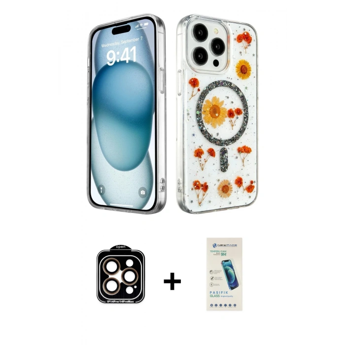 MARSİLYAN™- iPhone 15 Pro Max Kılıf Kozmos Doku - Şeffaf Pasifik Cam Ekran Koruyucu + PVD Metal Kamera Lens - TU
