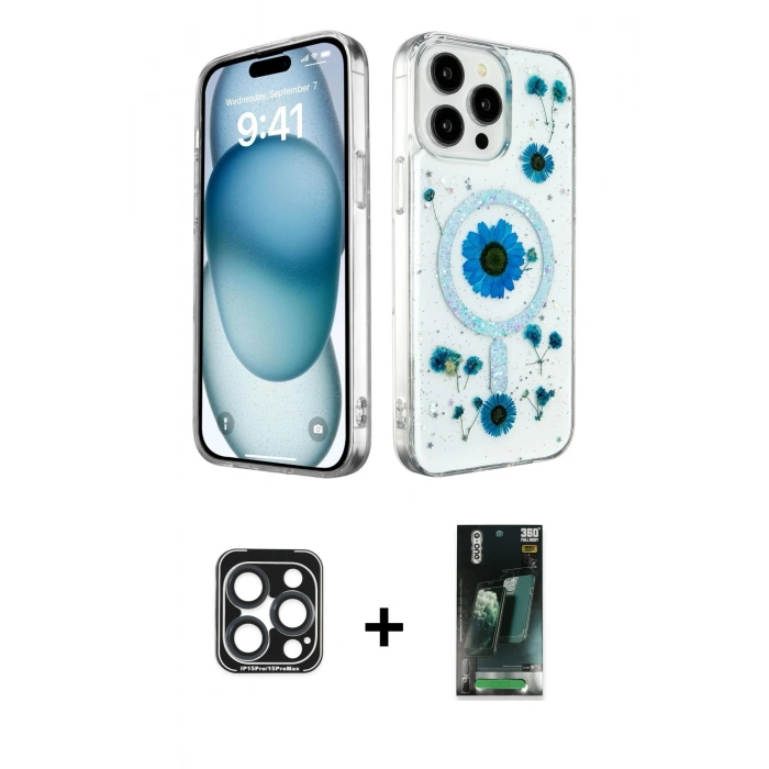 MARSİLYAN™- iPhone 15 Pro Max Kılıf Kozmos Doku - Siyah 360 Mat Full Body Arka Koruyucu + Lacivert PVD Metal Kamera Lens