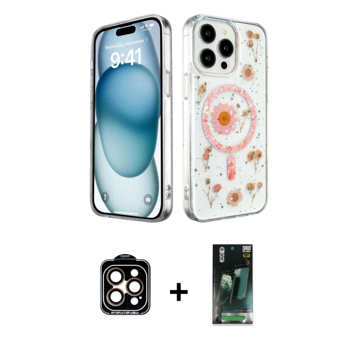 MARSİLYAN™- iPhone 15 Pro Max Kılıf Kozmos Doku - Siyah 360 Mat Full Body Arka Koruyucu + PVD Metal Kamera Lens - TU